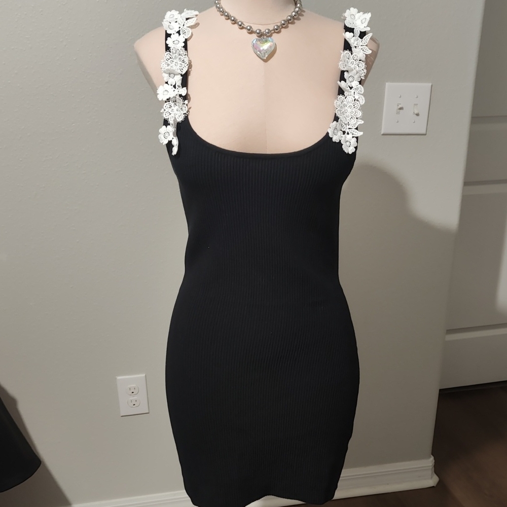 Love Tree Black Mini Dress with White Floral Straps